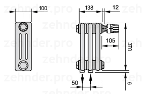 Схема (чертеж) Радиатор Zehnder Charleston 3037/3 №V008 Белый глянцевый RAL 9016